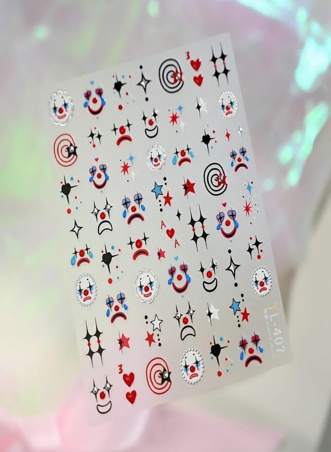 Sevgob Halloween Nail Stickers 5D Embossed Clown Nail Art Stickers 3D Self Adhesive Red Blue Black Gothic Nail Decals Star Hearts Nails Design Funny Face Nails Supplies for Women Girls 1 Sheet - Image 4